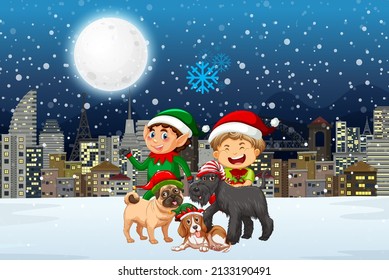 Snowy winter night with Christmas elves and cute dogs illustration