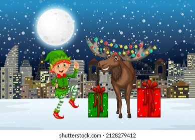 Snowy winter night with Christmas reindeer and elf illustration