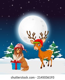 Snowy winter night with Christmas reindeer and a dog illustration
