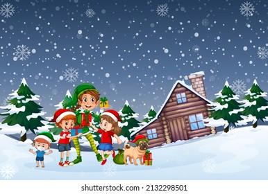 Snowy winter night with elf and children illustration