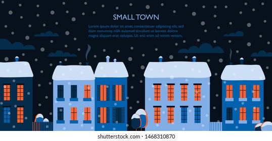 Snowy winter night houses.  Christmas town city panorama. Holiday village landscape. 