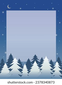 Snowy winter night landscape blank frame with pine trees and moon