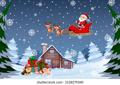 Snowy winter night with Santa Claus on sleigh illustration