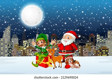 Snowy winter night with Santa Claus and elf illustration