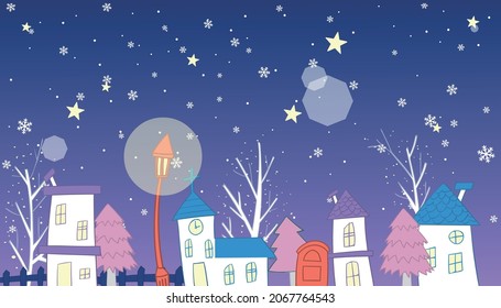 Snowy winter night small town night landscape illustration