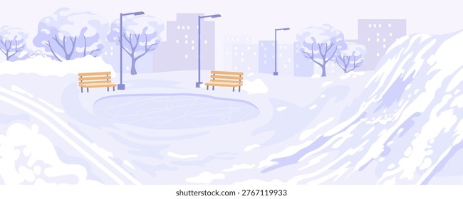Snowy winter park with benches in flat style on light city background, concept of seasonal outdoor fun. Vector illustration