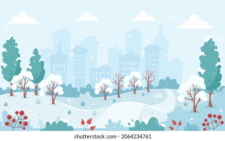 Snowy winter park on city background. Winter landscape. Vector illustration.