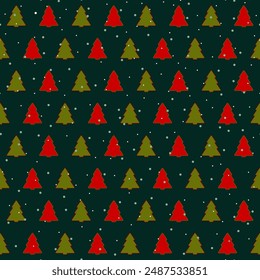 snowy winter repetitive background. red and green fir-trees. vector seamless pattern. fabric swatch. wrapping paper. continuous design template for greeting card, textile