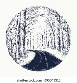Snowy winter road tattoo. Symbol of harmony, tranquility, beautiful winter landscape, romantic print t-shirt design 