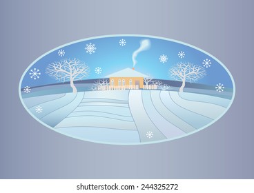 Snowy winter scene of a cabin in distance, snowy hills in countryside 