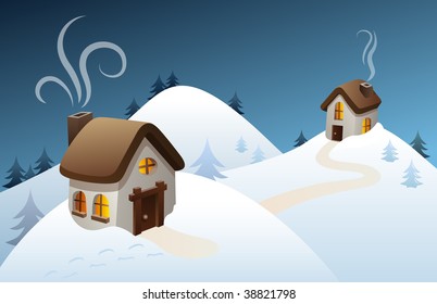 Snowy winter scene in the countryside, with old-fashioned houses