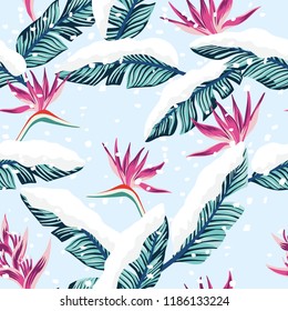 Snowy Winter Seamless Composition From Blue Tropical Banana Leaves And Flowers. Vector Illustration Christmas Pattern Falling Snow