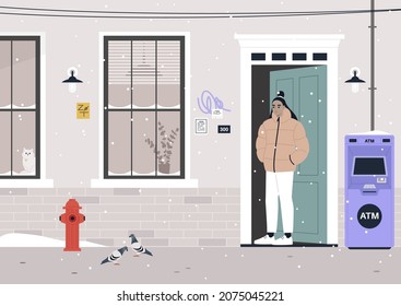 Snowy winter season, a young female Asian character walking outside of their house, feather puffer jacket outfit