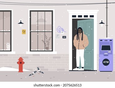 Snowy winter season, a young female African character walking outside of their house, feather puffer jacket outfit
