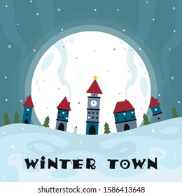 Snowy winter in a small town  against full moon. vector illustration.