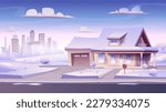 Snowy winter street in suburban town. Winter house and garages, empty road, silhouettes of city buildings on the background.