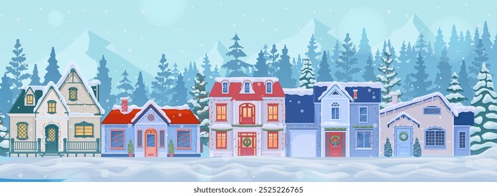 Snowy winter town landscape. Vector countryside cottages with glistening rooftops, rocks and frosted trees create a tranquil serene winter dreamscape under soft flakes weave a hushed, magical ambiance