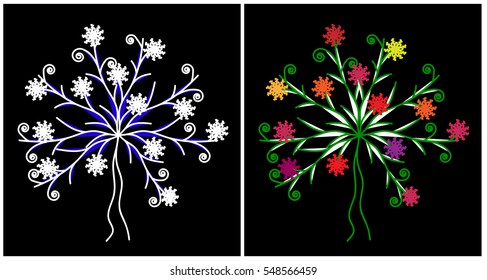 Snowy winter tree and a tree full of flowers in the spring or autumn with colored leaves