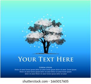Snowy winter tree.  tree logo with snow falling around it, vector illustration.
