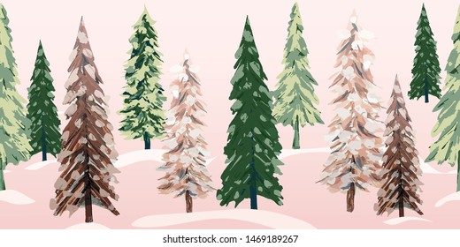 Snowy winter trees repeating banner. Beautiful textured pine, spruce and fir tree glade with soft pink morning light on freshly fallen snow. Beautiful as a Christmas border or decorative ribbon.