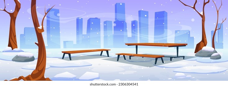Snowy winter in urban park. Vector cartoon illustration of public garden landscape with wooden table, benches, leafless trees and bushes covered with snow, silhouettes of city buildings on background