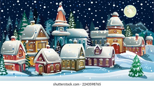 Snowy Winter vector landscape with houses 