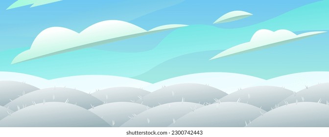 Snowy winter view. Hilly plain with snowdrifts. Landscape white winter. View of nature relief. Cartoon fun style. Flat design. Vector