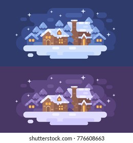 Snowy winter village landscape flat illustration. Christmas greeting card backgrounds. New Year horizontal banners