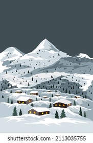 Pueblo de invierno nevado en las montañas. Ilustración vectorial estacional del paisaje natural con pequeñas casas y bosques de abetos.