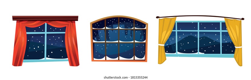 Snowy winter windows isolated on white background. Cartoon colorful wooden windows with curtains. Winter vector illustration