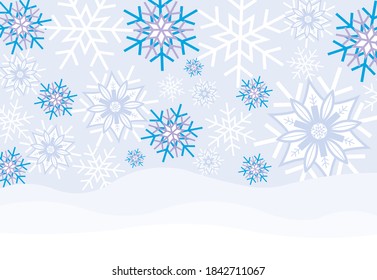 Snowy winter wonderland background illustration with snowflakes and hills in the foreground. Illustrator eps vector graphic design.