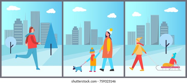 Snowy wintertime city park with happy families walking dogs or having fun with children. Vector illustration with people on light urban background