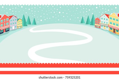 Snowy Wintertime Park Poster With Winding Path In Deep White Snow. Vector Illustration With Quiet Winter Landscape And Big Falling Snowflakes