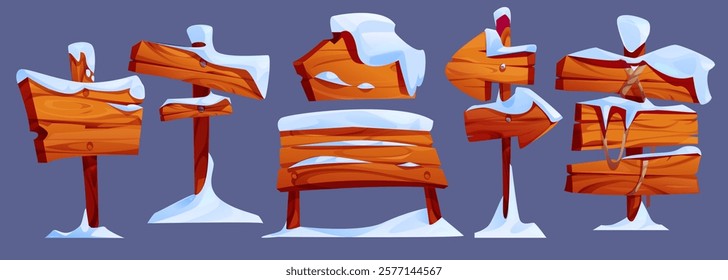 Snowy wooden signboard collection - rustic planks covered with white snow drifts, directional arrows in winter frost, weathered boards with nails, cracked pointers for winter season game navigation.
