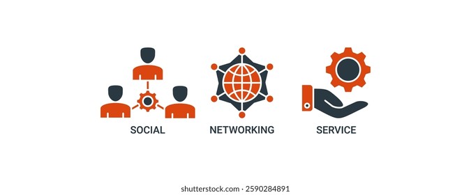 SNS banner web icon vector illustration concept of social networking service with icon of communication, chat, community, internet, user and service icons. Solid color vector symbol background.