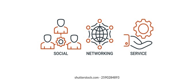 SNS banner web icon vector illustration concept of social networking service with icon of communication, chat, community, internet, user and service icons. Outline vector symbol background.