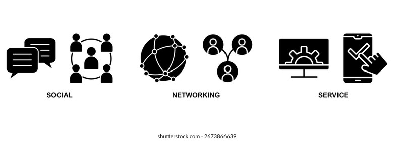 Concepto de Ilustración vectorial de ícono de Web de Anuncio SNS para� servicio de redes sociales con ícono de comunicación, chat, comunidad, Internet y usuario