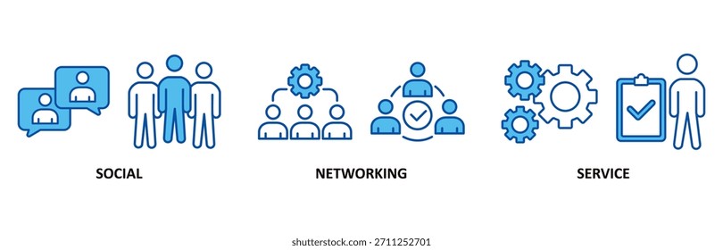 Ícone SNS definido Na ilustração vetorial Estilo Azul para o serviço de rede social com ícone de comunicação, bate-papo, comunidade, internet e usuário