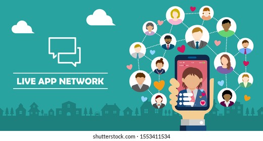 SNS / live chat app / streaming TV  vector banner illustration. Hand holding smartphone.