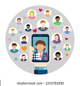 SNS / live chat app / streaming TV circle vector banner illustration. Hand holding smartphone.