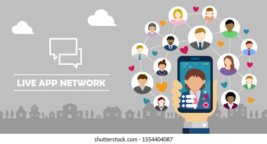 SNS / live chat app / streaming TV  vector banner illustration. Hand holding smartphone.