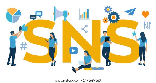 SNS. Social Networking Service - ist eine Online-Plattform, die Menschen nutzen, um soziale Netzwerke oder soziale Beziehungen mit anderen Menschen aufzubauen. Flache Vektorgrafik mit Symbolen und Zeichen.