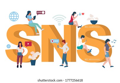 SNS, social networking service typography banner template, vector illustration. People using social media apps and sites for communication, watching video, listening to music, creating relationships.