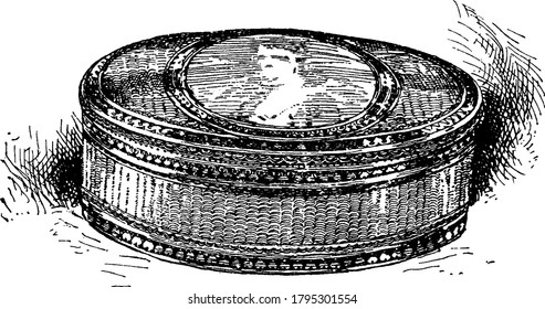 A snuff box with encrusted enamel and an enamel portrait, for holding snuff, especially one small enough to be carried in the pocket, as in the eighteenth century, whether of good will or ceremony,