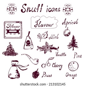 Snuff and tabacco icons set - hand drawn design vector