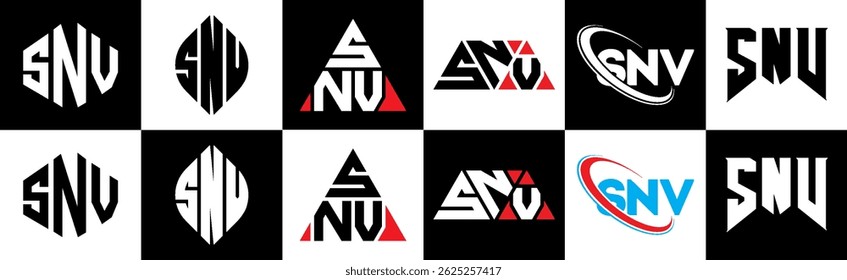 SNV letter logo design in six style. SNV polygon, circle, triangle, hexagon, flat and simple style with black and white color variation letter logo set in one artboard. SNV minimalist and classic logo
