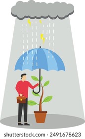 Soaked misfortune businessman with too small umbrella protection in strong raining storm. Business mistake causing failure, problem, risk management. Flat vector illustration

