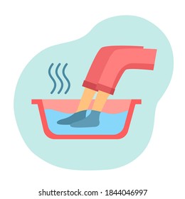 Soaking feet in bowl filled with warm water at home or spa icon design. Warming feet for relaxation concept vector illustration on white background. Feet frostbite treatment.