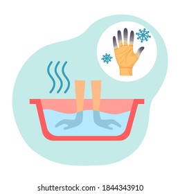 Soaking hands in bowl filled with warm water in flat design. Warming hands for relief pain and burning skin vector illustration on white background. Finger frostbite treatment.