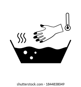 Tomar las manos en un bol lleno de agua caliente en diseño plano. Calentando las manos para el dolor de alivio y quemando la ilustración del vector de la piel en blanco y negro. Tratamiento de congelación de dedo.